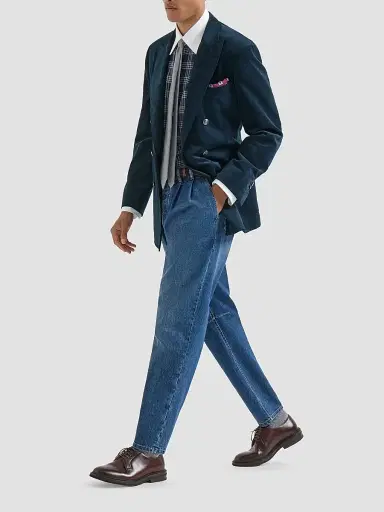 Brunello Cucinelli Men's Cotton and Lyocell Tartan Flannel Shirt with Contrast Italian Collar - Denim | Thumbnail 2 Brunello Cucinelli Men's Cotton and Lyocell Tartan Flannel Shirt with Contrast Italian Collar - Denim | Thumbnail 2