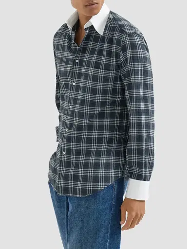 Brunello Cucinelli Men's Cotton and Lyocell Tartan Flannel Shirt with Contrast Italian Collar - Denim | Thumbnail 3 Brunello Cucinelli Men's Cotton and Lyocell Tartan Flannel Shirt with Contrast Italian Collar - Denim | Thumbnail 3