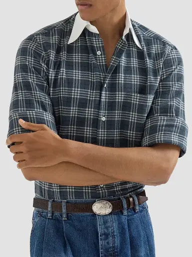 Brunello Cucinelli Men's Cotton and Lyocell Tartan Flannel Shirt with Contrast Italian Collar - Denim | Thumbnail 5 Brunello Cucinelli Men's Cotton and Lyocell Tartan Flannel Shirt with Contrast Italian Collar - Denim | Thumbnail 5