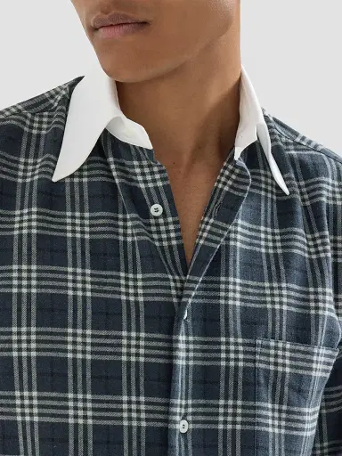 Brunello Cucinelli Men's Cotton and Lyocell Tartan Flannel Shirt with Contrast Italian Collar - Denim | Thumbnail 6 Brunello Cucinelli Men's Cotton and Lyocell Tartan Flannel Shirt with Contrast Italian Collar - Denim | Thumbnail 6