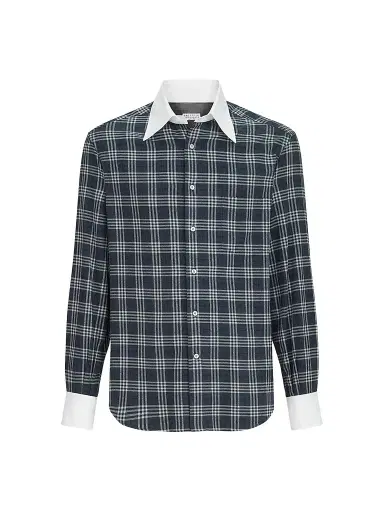 Brunello Cucinelli Men's Cotton and Lyocell Tartan Flannel Shirt with Contrast Italian Collar - Denim | Thumbnail 1 Brunello Cucinelli Men's Cotton and Lyocell Tartan Flannel Shirt with Contrast Italian Collar - Denim | Thumbnail 1
