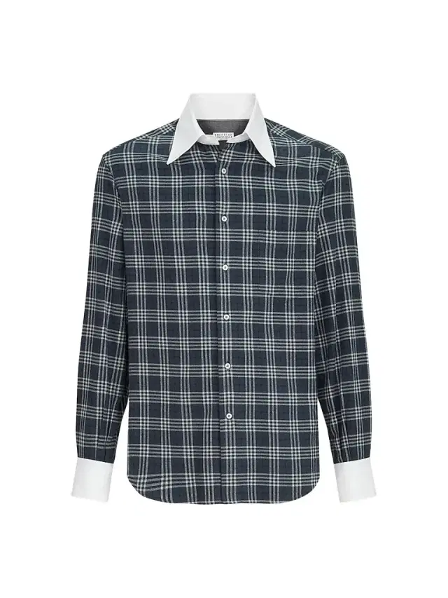 Men's Cotton and Lyocell Tartan Flannel Shirt with Contrast Italian Collar - Denim Men's Cotton and Lyocell Tartan Flannel Shirt with Contrast Italian Collar - Denim