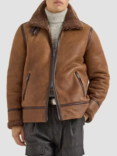Brunello Cucinelli Men's Vintage-Effect Shearling Aviator Jacket - Light Brown | Thumbnail 2 Brunello Cucinelli Men's Vintage-Effect Shearling Aviator Jacket - Light Brown | Thumbnail 2