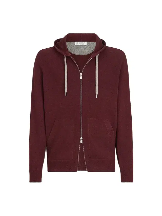 Men's Cashmere Hooded Knit Sweatshirt with Zipper - Burgundy Men's Cashmere Hooded Knit Sweatshirt with Zipper - Burgundy