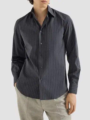 Brunello Cucinelli Men's Double Pinstripe Cotton Overshirt with Italian Collar - Dark Grey | Thumbnail 3 Brunello Cucinelli Men's Double Pinstripe Cotton Overshirt with Italian Collar - Dark Grey | Thumbnail 3