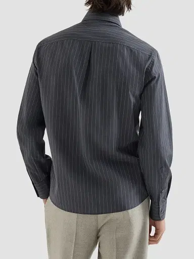 Brunello Cucinelli Men's Double Pinstripe Cotton Overshirt with Italian Collar - Dark Grey | Thumbnail 4 Brunello Cucinelli Men's Double Pinstripe Cotton Overshirt with Italian Collar - Dark Grey | Thumbnail 4