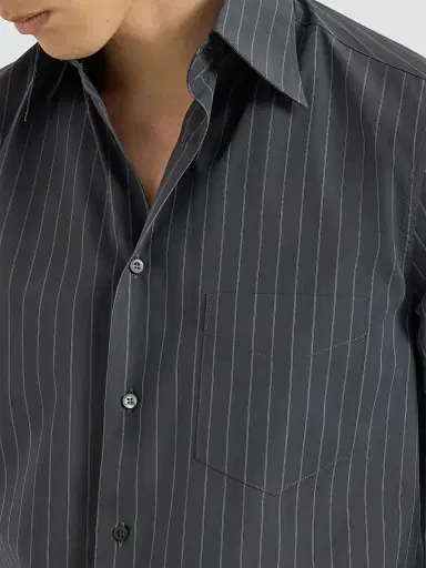 Brunello Cucinelli Men's Double Pinstripe Cotton Overshirt with Italian Collar - Dark Grey | Thumbnail 6 Brunello Cucinelli Men's Double Pinstripe Cotton Overshirt with Italian Collar - Dark Grey | Thumbnail 6