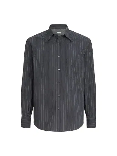Brunello Cucinelli Men's Double Pinstripe Cotton Overshirt with Italian Collar - Dark Grey | Thumbnail 1 Brunello Cucinelli Men's Double Pinstripe Cotton Overshirt with Italian Collar - Dark Grey | Thumbnail 1