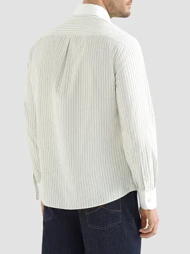 Brunello Cucinelli Men's Striped Cotton and Silk Shirt - White | Thumbnail 4 Brunello Cucinelli Men's Striped Cotton and Silk Shirt - White | Thumbnail 4
