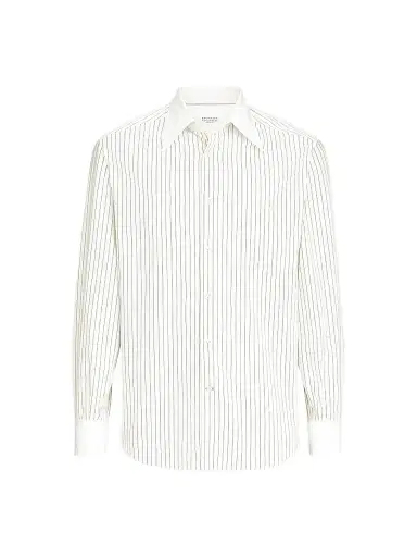 Brunello Cucinelli Men's Striped Cotton and Silk Shirt - White | Thumbnail 1 Brunello Cucinelli Men's Striped Cotton and Silk Shirt - White | Thumbnail 1
