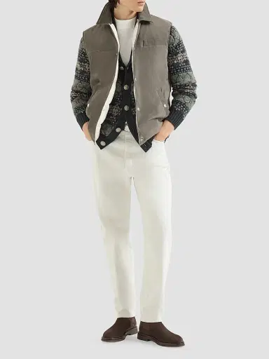 Brunello Cucinelli Men's Suede Down Vest with Shirt-Style Collar - Grey | Thumbnail 2 Brunello Cucinelli Men's Suede Down Vest with Shirt-Style Collar - Grey | Thumbnail 2