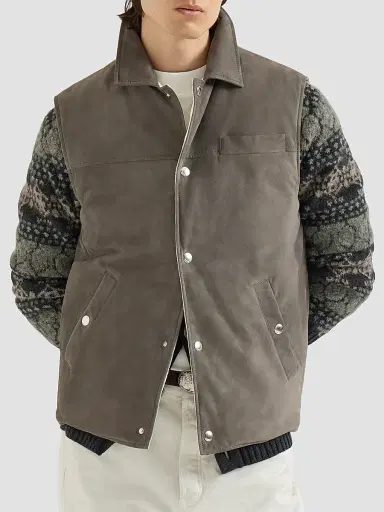 Brunello Cucinelli Men's Suede Down Vest with Shirt-Style Collar - Grey | Thumbnail 3 Brunello Cucinelli Men's Suede Down Vest with Shirt-Style Collar - Grey | Thumbnail 3