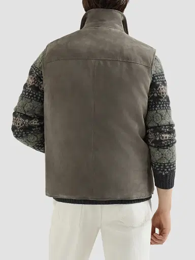 Brunello Cucinelli Men's Suede Down Vest with Shirt-Style Collar - Grey | Thumbnail 4 Brunello Cucinelli Men's Suede Down Vest with Shirt-Style Collar - Grey | Thumbnail 4