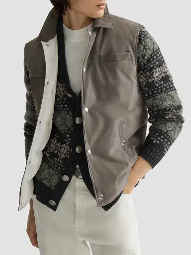 Brunello Cucinelli Men's Suede Down Vest with Shirt-Style Collar - Grey | Thumbnail 5 Brunello Cucinelli Men's Suede Down Vest with Shirt-Style Collar - Grey | Thumbnail 5