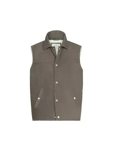 Brunello Cucinelli Men's Suede Down Vest with Shirt-Style Collar - Grey | Thumbnail 1 Brunello Cucinelli Men's Suede Down Vest with Shirt-Style Collar - Grey | Thumbnail 1