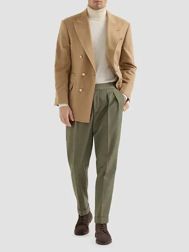 Brunello Cucinelli Men's Virgin Wool Diagonal Trousers with Reversed Double Pleats - Military | Thumbnail 2 Brunello Cucinelli Men's Virgin Wool Diagonal Trousers with Reversed Double Pleats - Military | Thumbnail 2