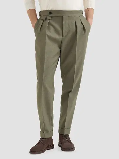 Brunello Cucinelli Men's Virgin Wool Diagonal Trousers with Reversed Double Pleats - Military - Size 46 | Thumbnail 3 Brunello Cucinelli Men's Virgin Wool Diagonal Trousers with Reversed Double Pleats - Military - Size 46 | Thumbnail 3