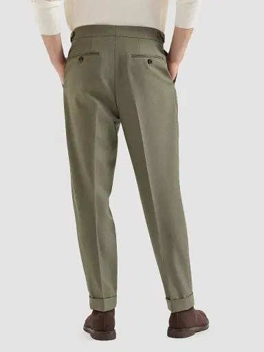 Brunello Cucinelli Men's Virgin Wool Diagonal Trousers with Reversed Double Pleats - Military | Thumbnail 5 Brunello Cucinelli Men's Virgin Wool Diagonal Trousers with Reversed Double Pleats - Military | Thumbnail 5