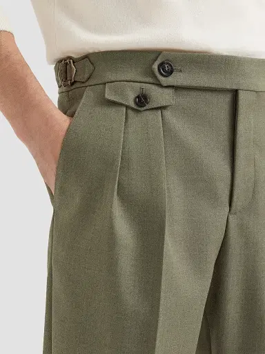 Brunello Cucinelli Men's Virgin Wool Diagonal Trousers with Reversed Double Pleats - Military - Size 46 | Thumbnail 6 Brunello Cucinelli Men's Virgin Wool Diagonal Trousers with Reversed Double Pleats - Military - Size 46 | Thumbnail 6