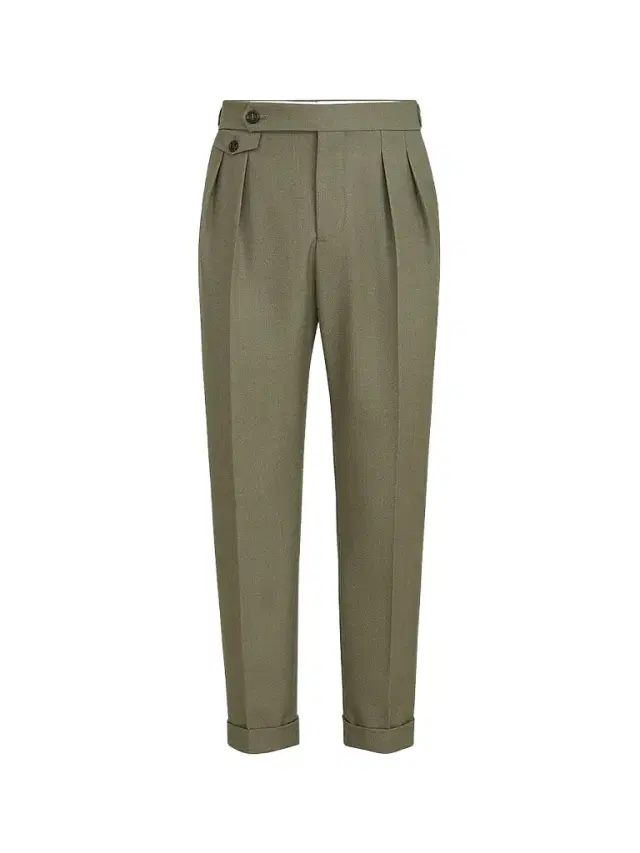Men's Virgin Wool Diagonal Trousers with Reversed Double Pleats - Military Men's Virgin Wool Diagonal Trousers with Reversed Double Pleats - Military