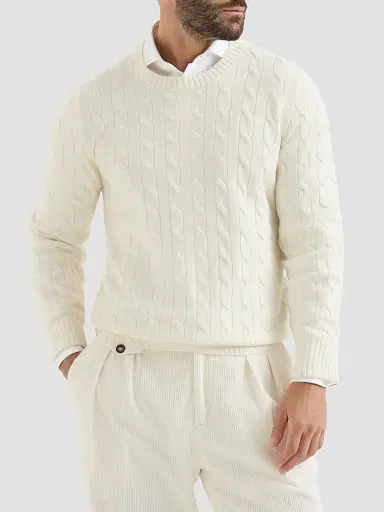 Brunello Cucinelli Men's Cashmere Cable Knit Sweater - Panama | Thumbnail 2 Brunello Cucinelli Men's Cashmere Cable Knit Sweater - Panama | Thumbnail 2