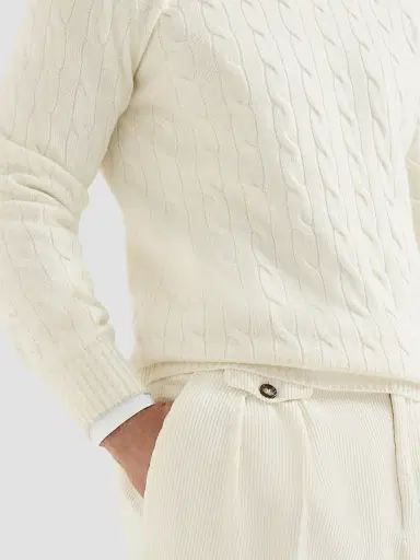 Brunello Cucinelli Men's Cashmere Cable Knit Sweater - Panama | Thumbnail 4 Brunello Cucinelli Men's Cashmere Cable Knit Sweater - Panama | Thumbnail 4