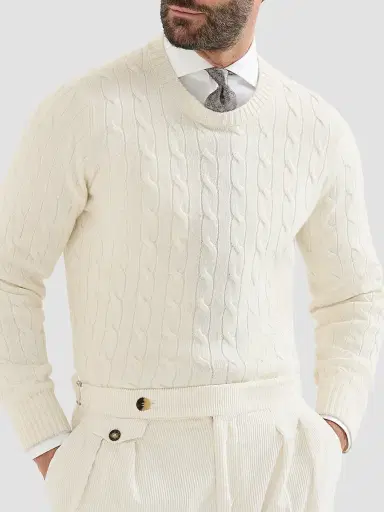 Brunello Cucinelli Men's Cashmere Cable Knit Sweater - Panama | Thumbnail 5 Brunello Cucinelli Men's Cashmere Cable Knit Sweater - Panama | Thumbnail 5