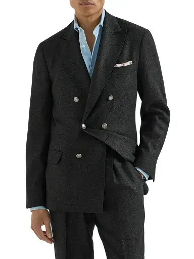Brunello Cucinelli Men's Mouliné Virgin Wool Twill One and A Half Breasted Deconstructed Blazer - Anthracite | Thumbnail 1 Brunello Cucinelli Men's Mouliné Virgin Wool Twill One and A Half Breasted Deconstructed Blazer - Anthracite | Thumbnail 1