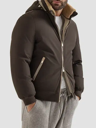 Brunello Cucinelli Men's Stretch Bonded Nylon Down Jacket with Detachable Hood - Brown | Thumbnail 3 Brunello Cucinelli Men's Stretch Bonded Nylon Down Jacket with Detachable Hood - Brown | Thumbnail 3
