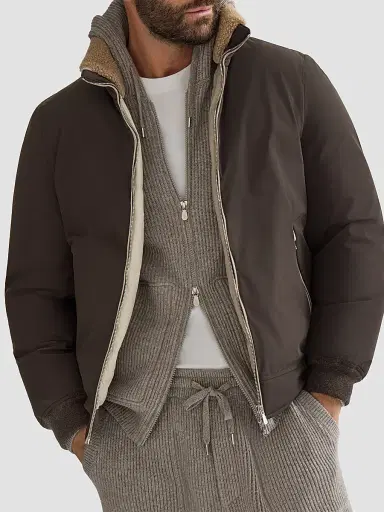 Brunello Cucinelli Men's Stretch Bonded Nylon Down Jacket with Detachable Hood - Brown | Thumbnail 5 Brunello Cucinelli Men's Stretch Bonded Nylon Down Jacket with Detachable Hood - Brown | Thumbnail 5