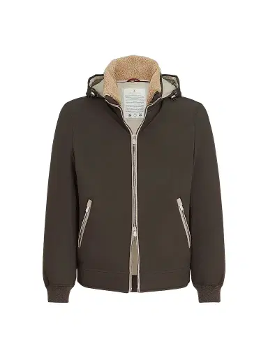 Brunello Cucinelli Men's Stretch Bonded Nylon Down Jacket with Detachable Hood - Brown | Thumbnail 1 Brunello Cucinelli Men's Stretch Bonded Nylon Down Jacket with Detachable Hood - Brown | Thumbnail 1