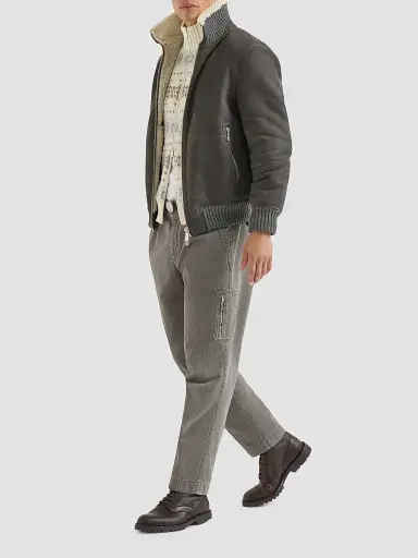 Brunello Cucinelli Men's Suede Curly Shearling Bomber Jacket - Grey | Thumbnail 2 Brunello Cucinelli Men's Suede Curly Shearling Bomber Jacket - Grey | Thumbnail 2
