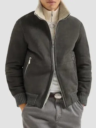 Brunello Cucinelli Men's Suede Curly Shearling Bomber Jacket - Grey | Thumbnail 3 Brunello Cucinelli Men's Suede Curly Shearling Bomber Jacket - Grey | Thumbnail 3