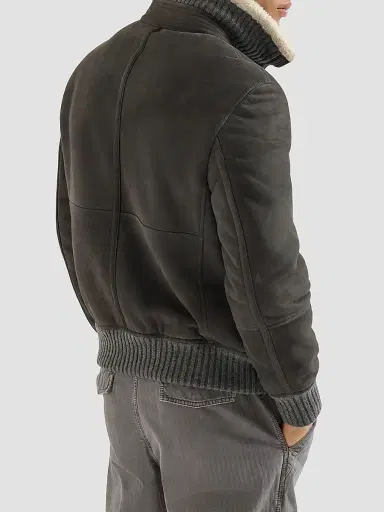 Brunello Cucinelli Men's Suede Curly Shearling Bomber Jacket - Grey | Thumbnail 4 Brunello Cucinelli Men's Suede Curly Shearling Bomber Jacket - Grey | Thumbnail 4
