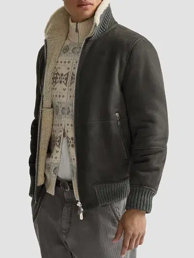 Brunello Cucinelli Men's Suede Curly Shearling Bomber Jacket - Grey | Thumbnail 5 Brunello Cucinelli Men's Suede Curly Shearling Bomber Jacket - Grey | Thumbnail 5
