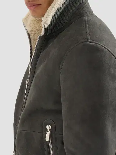Brunello Cucinelli Men's Suede Curly Shearling Bomber Jacket - Grey | Thumbnail 6 Brunello Cucinelli Men's Suede Curly Shearling Bomber Jacket - Grey | Thumbnail 6