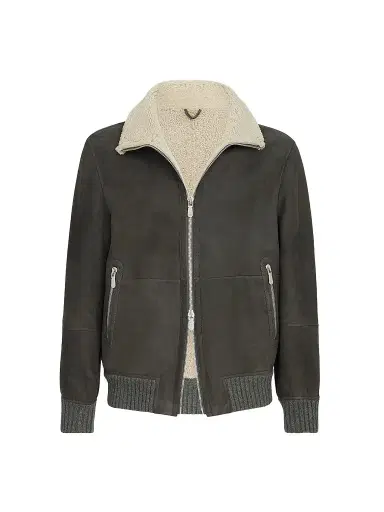 Brunello Cucinelli Men's Suede Curly Shearling Bomber Jacket - Grey | Thumbnail 1 Brunello Cucinelli Men's Suede Curly Shearling Bomber Jacket - Grey | Thumbnail 1