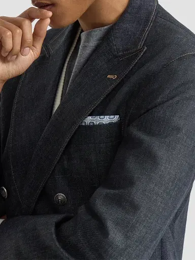Brunello Cucinelli Men's Silk Pocket Square with Geometric Design - Blue | Thumbnail 2 Brunello Cucinelli Men's Silk Pocket Square with Geometric Design - Blue | Thumbnail 2