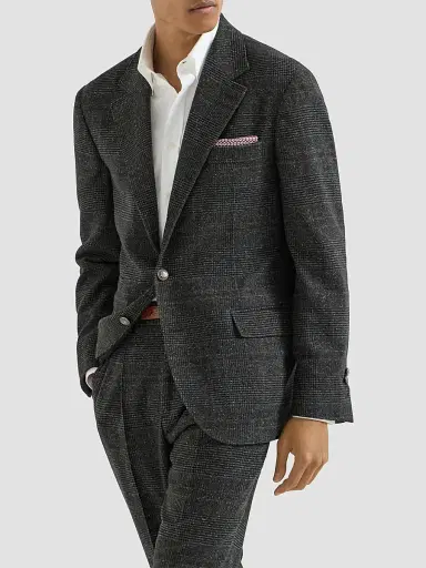 Brunello Cucinelli Men's Silk, Wool and Cashmere Prince of Wales Flannel Deconstructed Blazer - Anthracite | Thumbnail 2 Brunello Cucinelli Men's Silk, Wool and Cashmere Prince of Wales Flannel Deconstructed Blazer - Anthracite | Thumbnail 2