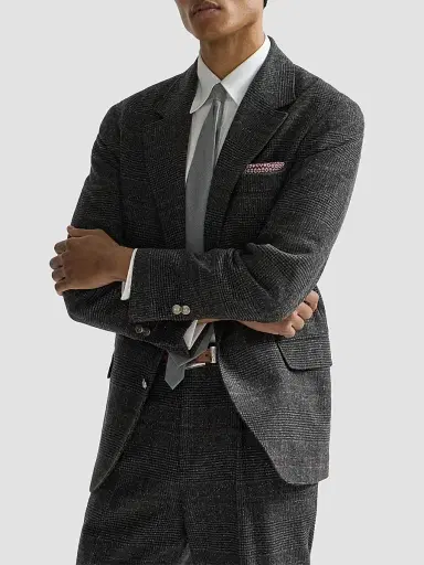 Brunello Cucinelli Men's Silk, Wool and Cashmere Prince of Wales Flannel Deconstructed Blazer - Anthracite | Thumbnail 3 Brunello Cucinelli Men's Silk, Wool and Cashmere Prince of Wales Flannel Deconstructed Blazer - Anthracite | Thumbnail 3