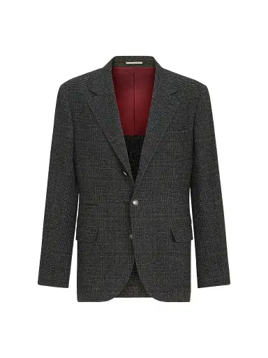 Brunello Cucinelli Men's Silk, Wool and Cashmere Prince of Wales Flannel Deconstructed Blazer - Anthracite | Thumbnail 1 Brunello Cucinelli Men's Silk, Wool and Cashmere Prince of Wales Flannel Deconstructed Blazer - Anthracite | Thumbnail 1