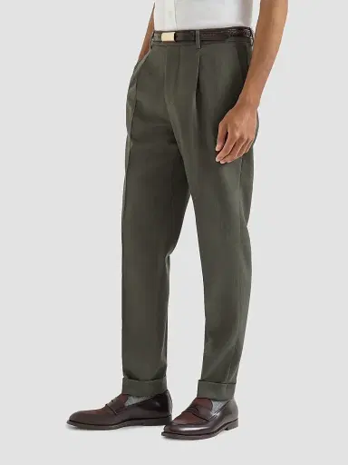 Brunello Cucinelli Men's Virgin Wool Canvas Trousers with Pleats - Forest | Thumbnail 3 Brunello Cucinelli Men's Virgin Wool Canvas Trousers with Pleats - Forest | Thumbnail 3