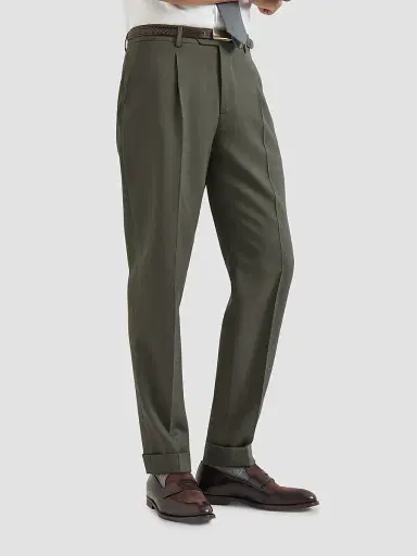 Brunello Cucinelli Men's Virgin Wool Canvas Trousers with Pleats - Forest | Thumbnail 5 Brunello Cucinelli Men's Virgin Wool Canvas Trousers with Pleats - Forest | Thumbnail 5