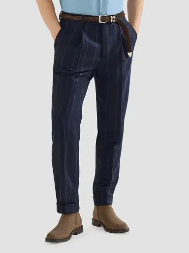 Brunello Cucinelli Men's Cashmere and Virgin Wool Multistrip Twill Trousers - Navy Blue - Size 42 | Thumbnail 5 Brunello Cucinelli Men's Cashmere and Virgin Wool Multistrip Twill Trousers - Navy Blue - Size 42 | Thumbnail 5