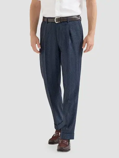 Brunello Cucinelli Men's Cashmere and Silk Chevron Flannel Trousers with Pleat - Navy Blue | Thumbnail 2 Brunello Cucinelli Men's Cashmere and Silk Chevron Flannel Trousers with Pleat - Navy Blue | Thumbnail 2