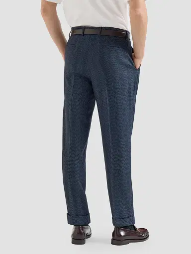 Brunello Cucinelli Men's Cashmere and Silk Chevron Flannel Trousers with Pleat - Navy Blue | Thumbnail 3 Brunello Cucinelli Men's Cashmere and Silk Chevron Flannel Trousers with Pleat - Navy Blue | Thumbnail 3