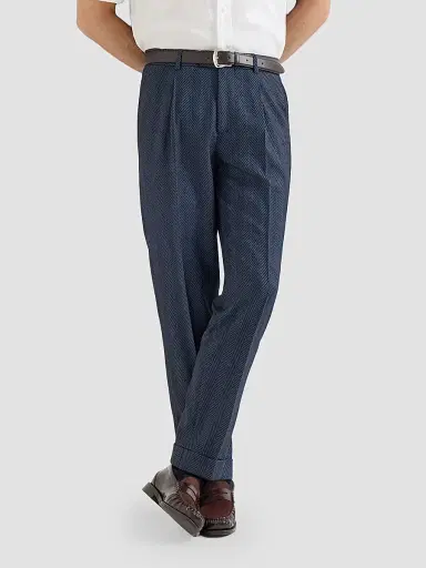 Brunello Cucinelli Men's Cashmere and Silk Chevron Flannel Trousers with Pleat - Navy Blue | Thumbnail 4 Brunello Cucinelli Men's Cashmere and Silk Chevron Flannel Trousers with Pleat - Navy Blue | Thumbnail 4