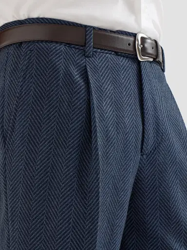 Brunello Cucinelli Men's Cashmere and Silk Chevron Flannel Trousers with Pleat - Navy Blue | Thumbnail 5 Brunello Cucinelli Men's Cashmere and Silk Chevron Flannel Trousers with Pleat - Navy Blue | Thumbnail 5