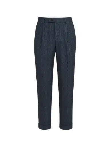 Brunello Cucinelli Men's Cashmere and Silk Chevron Flannel Trousers with Pleat - Navy Blue | Thumbnail 1 Brunello Cucinelli Men's Cashmere and Silk Chevron Flannel Trousers with Pleat - Navy Blue | Thumbnail 1