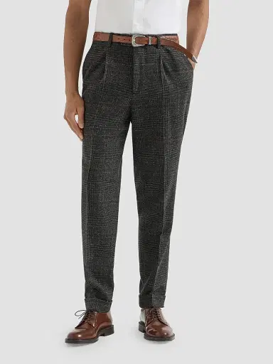 Brunello Cucinelli Men's Silk, Wool and Cashmere Prince of Wales Flannel Trousers - Anthracite | Thumbnail 3 Brunello Cucinelli Men's Silk, Wool and Cashmere Prince of Wales Flannel Trousers - Anthracite | Thumbnail 3